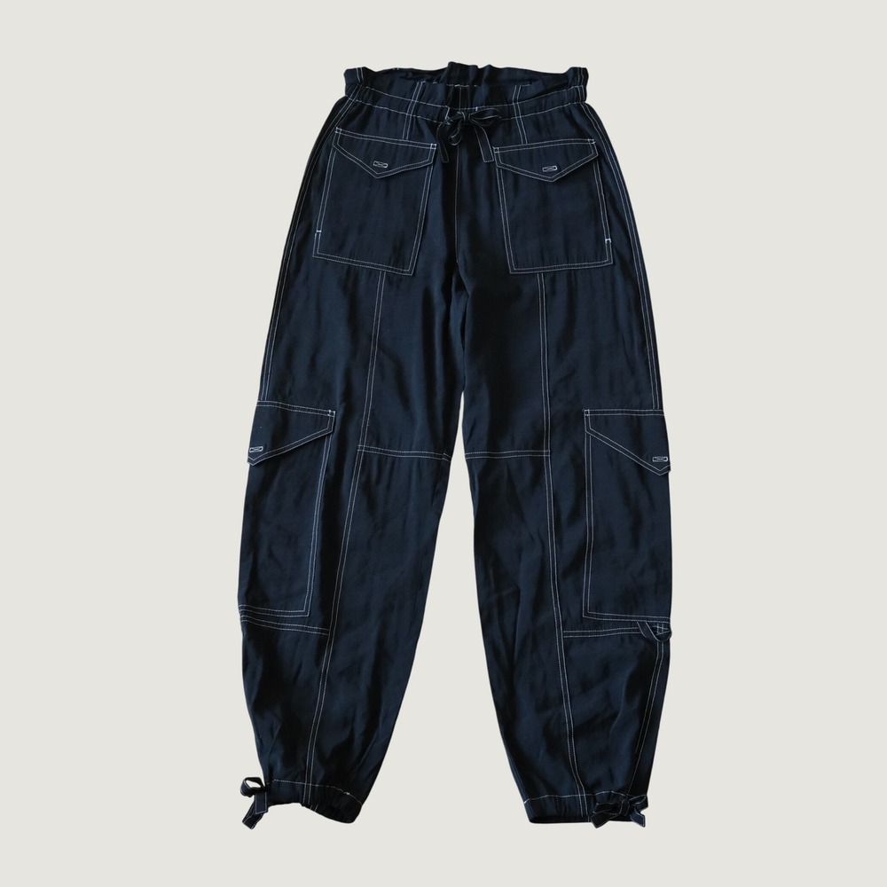 Ganni Wide-Leg Drawstring Cargo Pants Black Contrast Stitch Size 34 Utility
